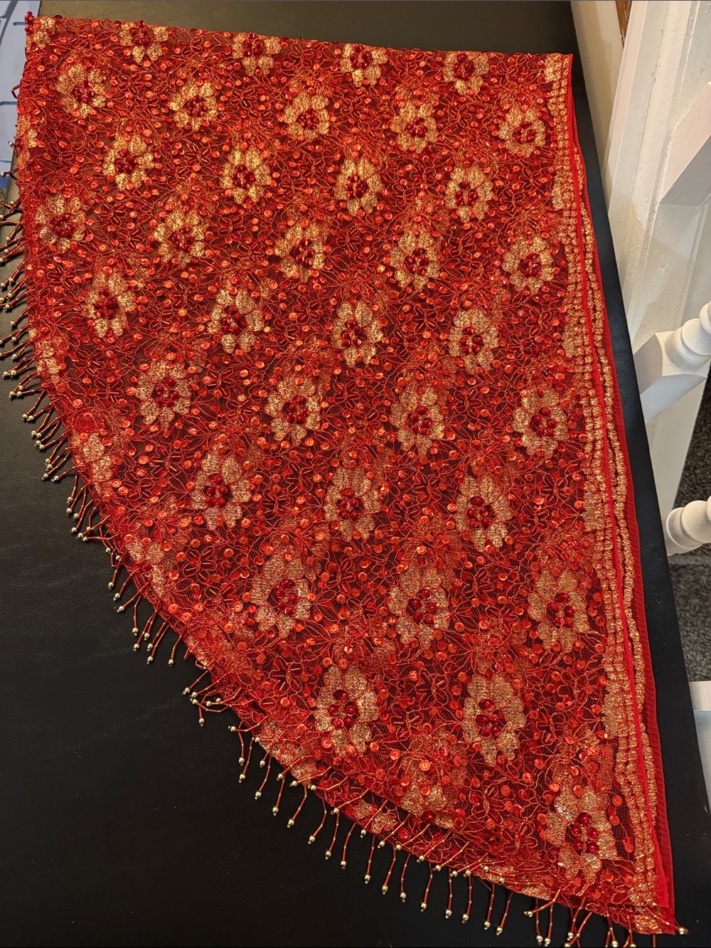 Vintage Red and Gold Sequined Floral Shawl